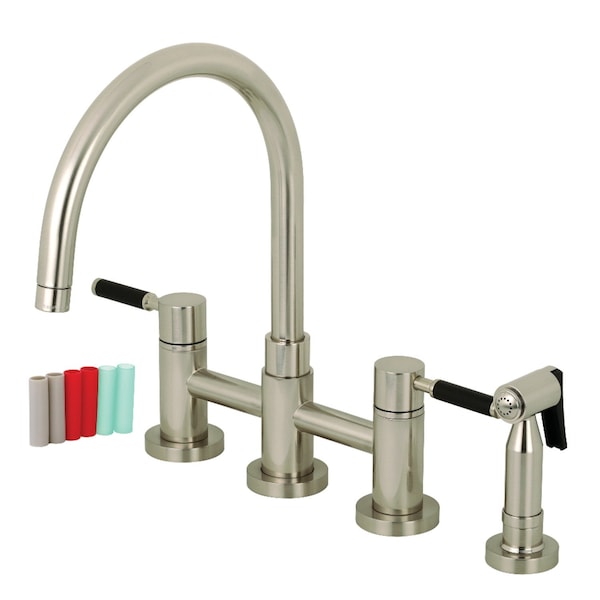 KS8278DKLBS 2-Handle Bridge Kitchen Faucet W/ Brass Side Sprayer, Nickl